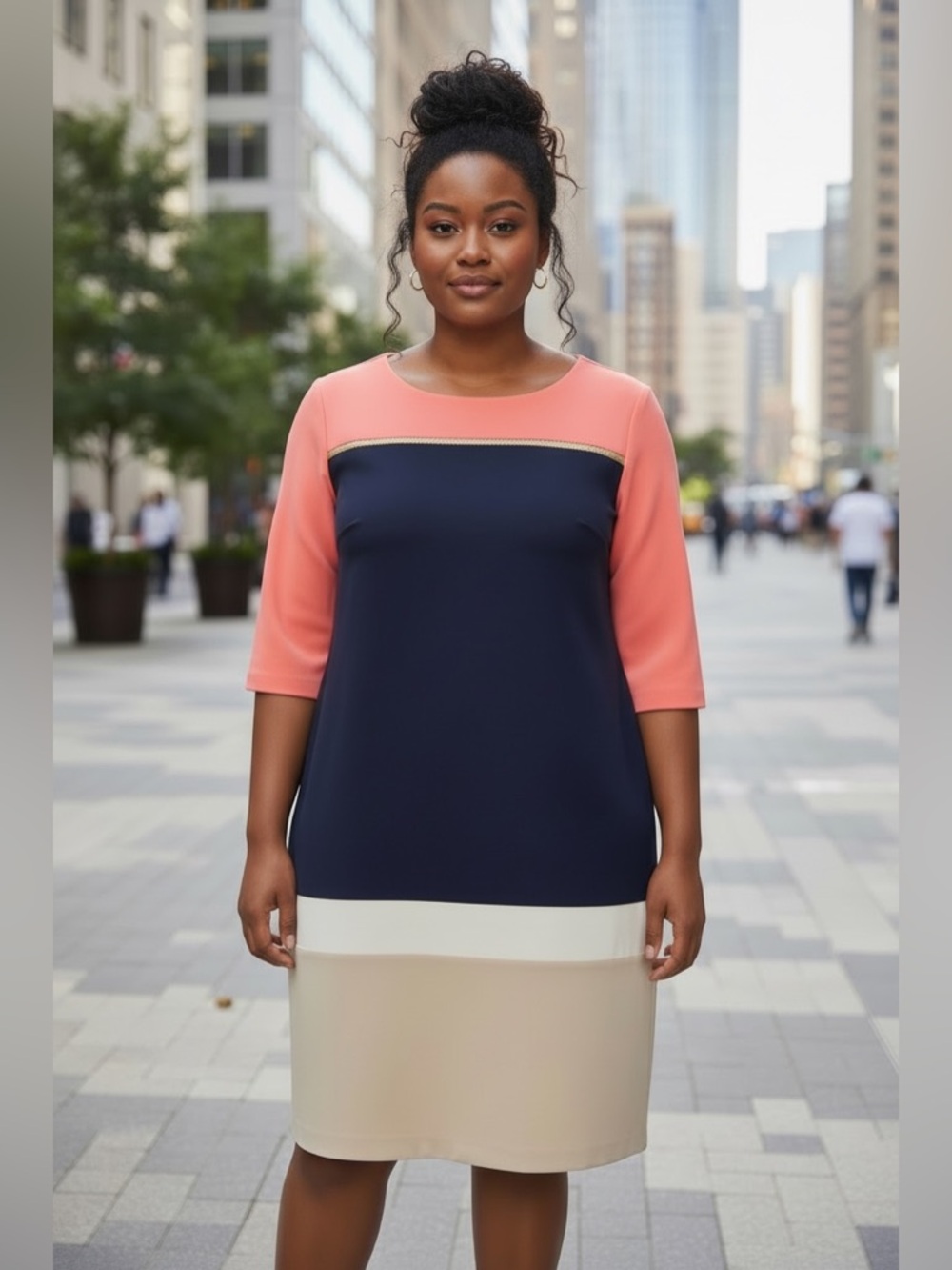 Colorblock Shift Dress in Navy, Coral & Cream